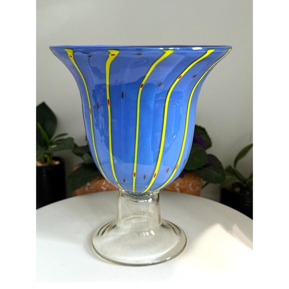 Handcrafted Blue & Yellow Striped Blown Art Glass Vase - Picture 5 of 8